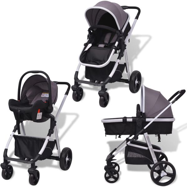 vidaXL Wandelwagen 3-in-1 aluminium grijs en zwart