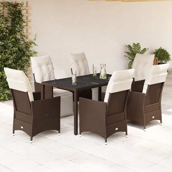 vidaXL 7-delige Bistroset met kussens poly rattan bruin
