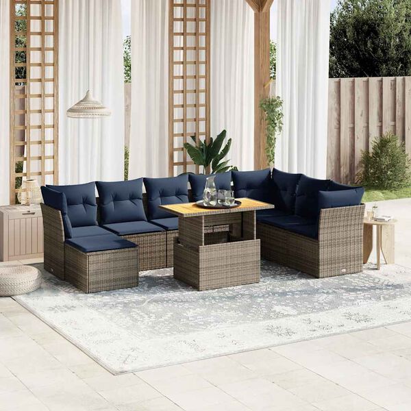 vidaXL 9-delige Loungeset met kussens poly rattan grijs