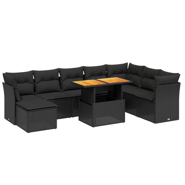 vidaXL 9-delige Loungeset met kussens poly rattan zwart