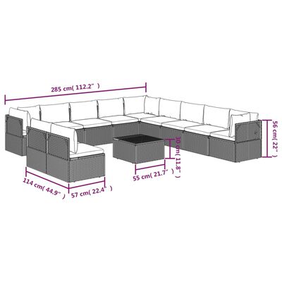 vidaXL 12-delige Loungeset met kussens poly rattan grijs