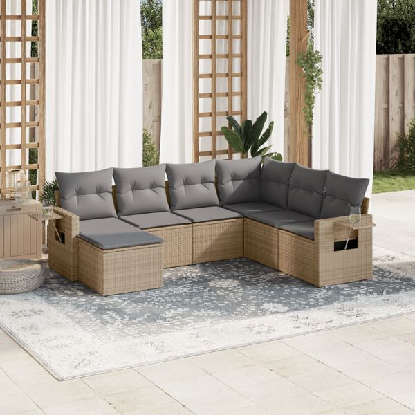 vidaXL 7-delige Loungeset met kussens poly rattan beige