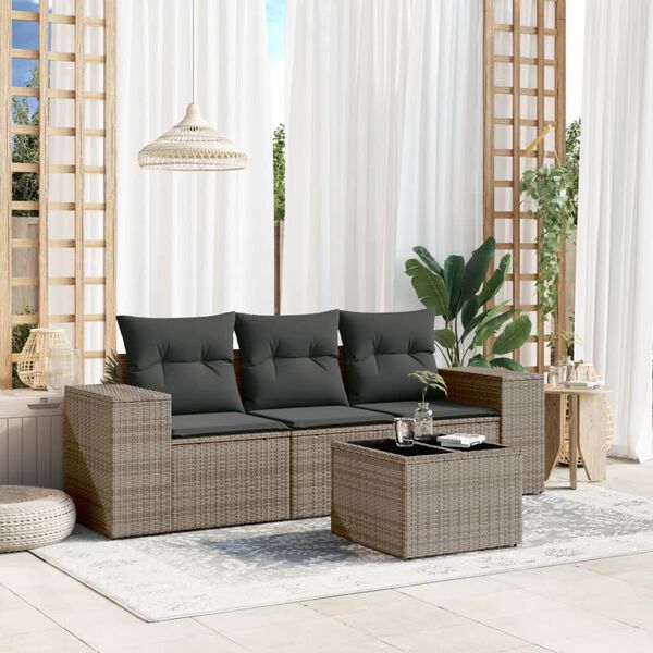 vidaXL 4-delige Loungeset met kussens poly rattan grijs