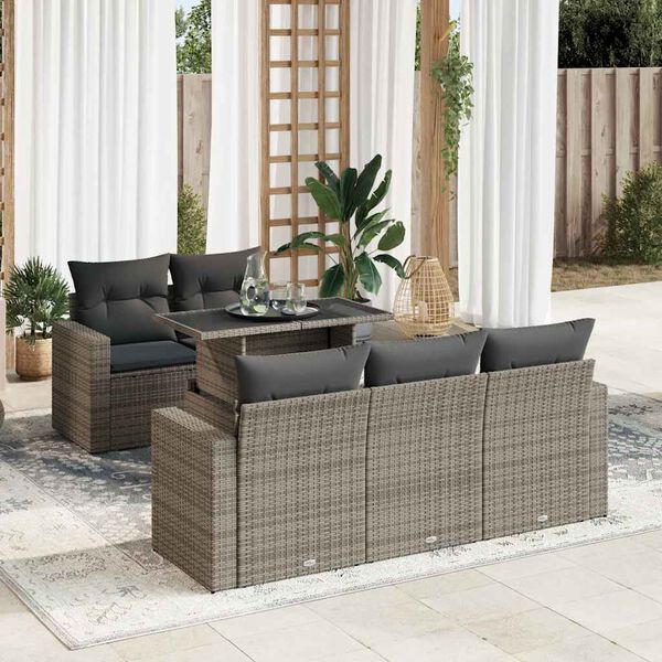 vidaXL 6-delige Loungeset met kussens poly rattan grijs