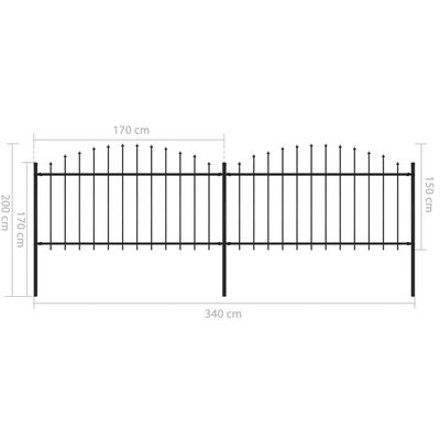 vidaXL Tuinhek met speren bovenkant (1,25-1,5)x3,4 m staal zwart