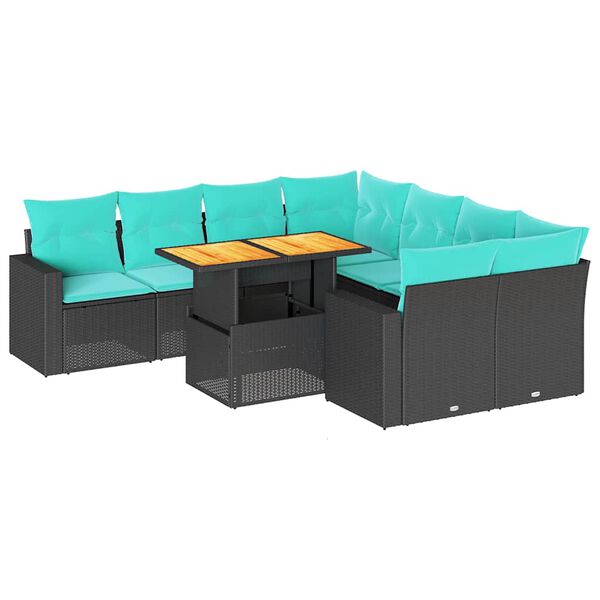 vidaXL 9-delige Loungeset met kussens poly rattan zwart