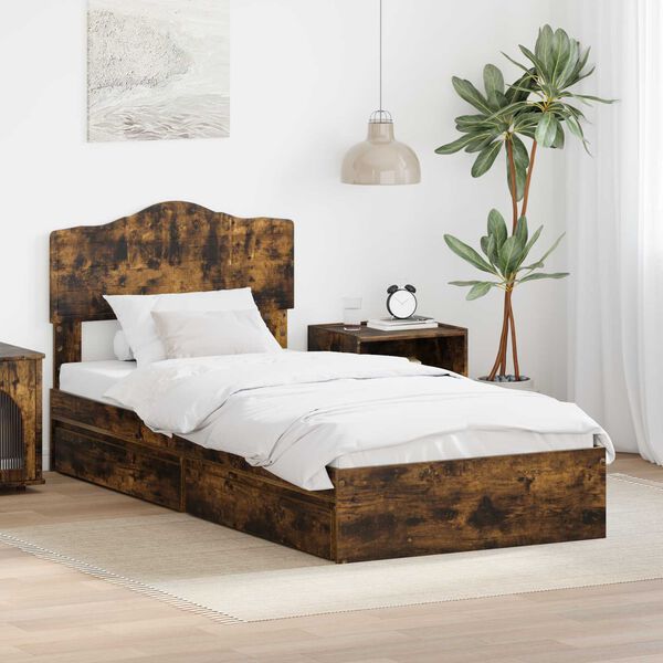 vidaXL Opslag bed met lade Gerookt eiken 90 x 200 cm Bewerkt hout