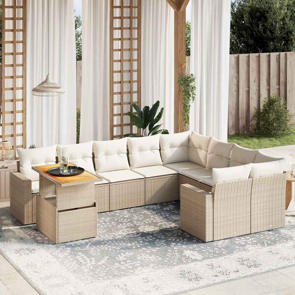 vidaXL 10-delige Loungeset met kussens poly rattan beige