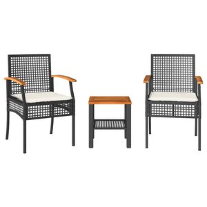 vidaXL 3-delige Bistroset met kussens poly rattan en acaciahout zwart