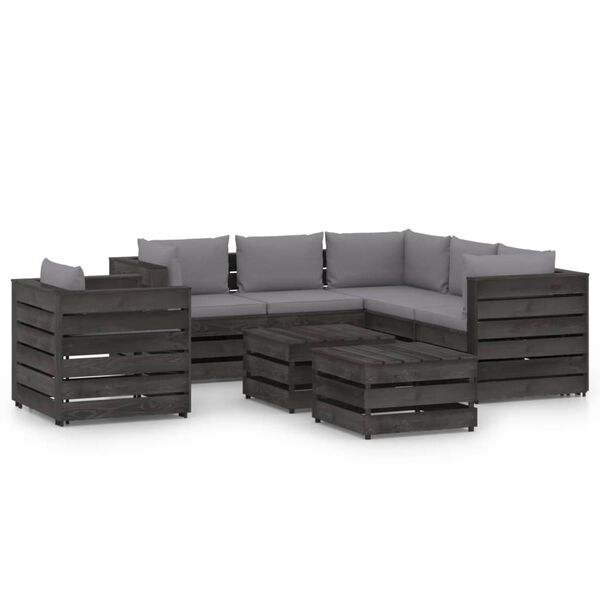 vidaXL 8-delige Loungeset met kussens grijs ge&iuml;mpregneerd hout