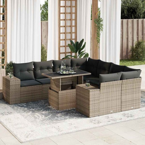 vidaXL 9-delige Loungeset met kussens poly rattan grijs
