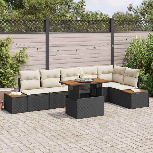 vidaXL Tuin Eetset met kussen met kussen 7 pcs Zwart en Beige