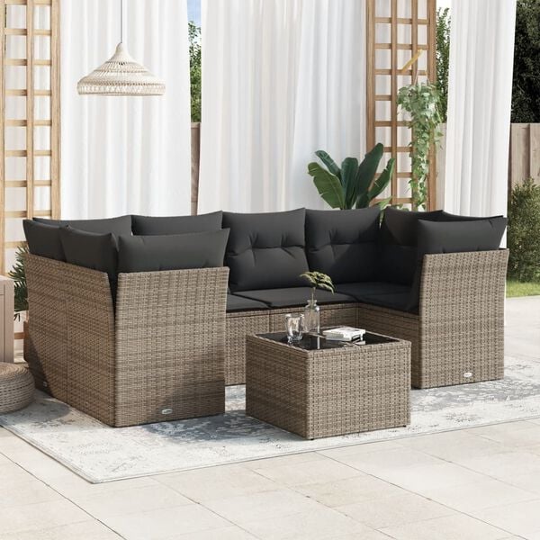 vidaXL 7-delige Loungeset met kussens poly rattan grijs