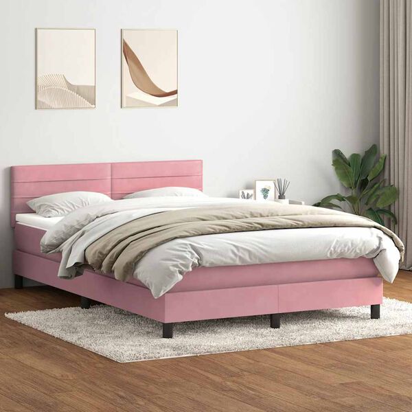 vidaXL Boxspring met matras en LED fluweel roze 140x220 cm