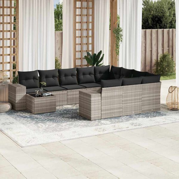 vidaXL 11-delige Loungeset met kussens poly rattan lichtgrijs