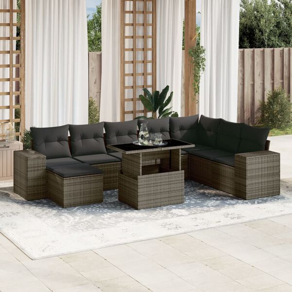 vidaXL 9-delige Loungeset met kussens poly rattan grijs