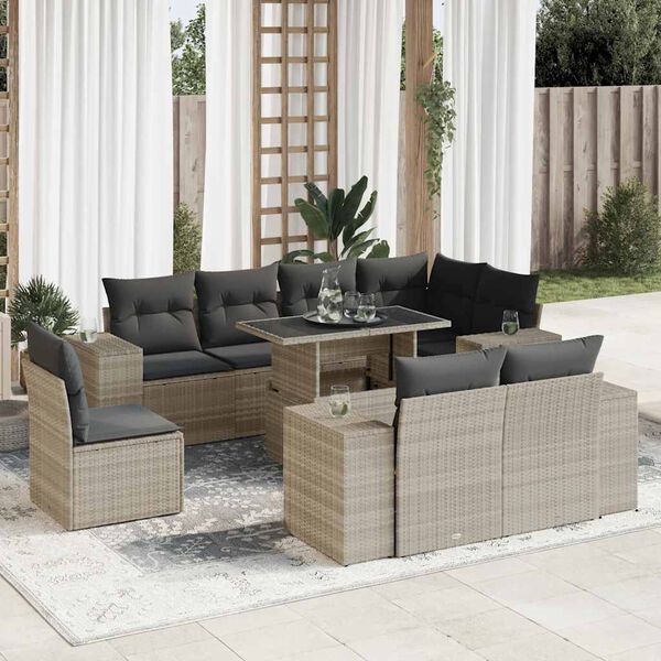 vidaXL 9-delige Loungeset met kussens poly rattan lichtgrijs