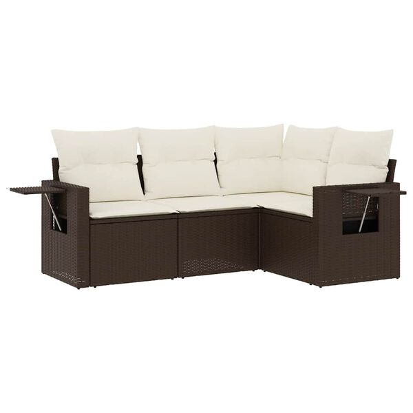 vidaXL 4-delige Loungeset met kussens poly rattan bruin