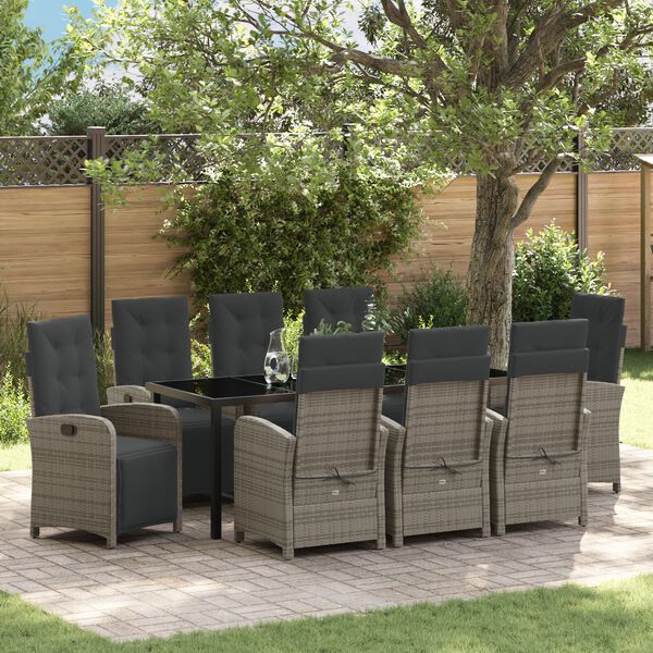 vidaXL Tuin eettafelset met kussen 9 pcs Grijs poly rattan
