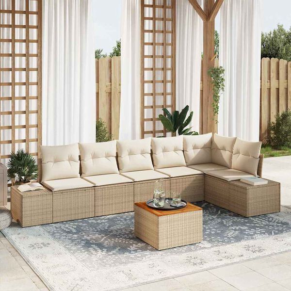 vidaXL Tuinbankenset met opslag 7 pcs Beige en Cr&egrave;me poly rattan
