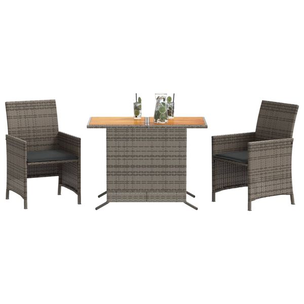 vidaXL 3-delige Bistroset met kussens poly rattan grijs