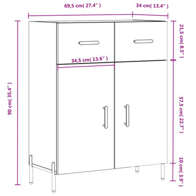 vidaXL Dressoir 69,5x34x90 cm bewerkt hout hoogglans wit