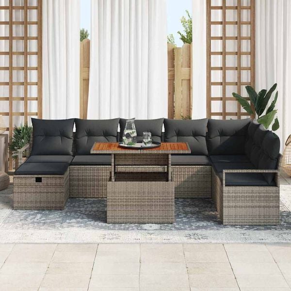 vidaXL Tuin Sofa Set met kussen met opslag 9 pcs Grijs Poly riet