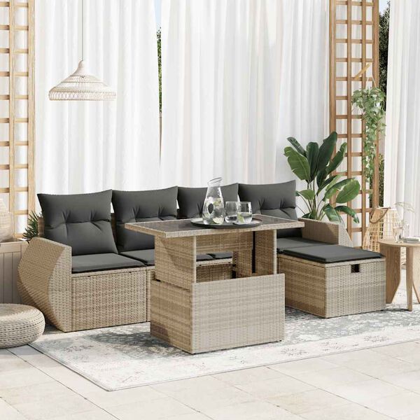 vidaXL 6-delige Loungeset met kussens poly rattan lichtgrijs
