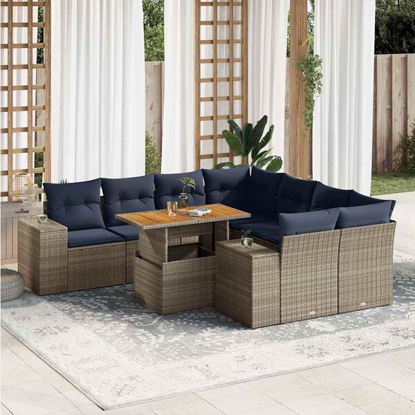 vidaXL 9-delige Loungeset met kussens poly rattan grijs