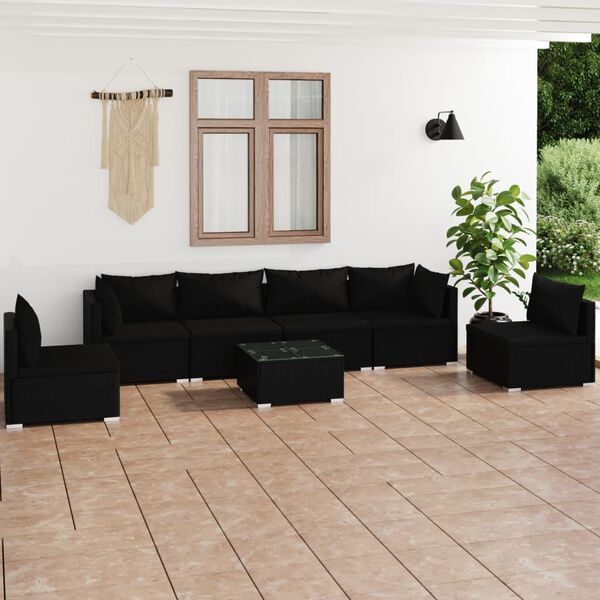 vidaXL 7-delige Loungeset met kussens poly rattan zwart