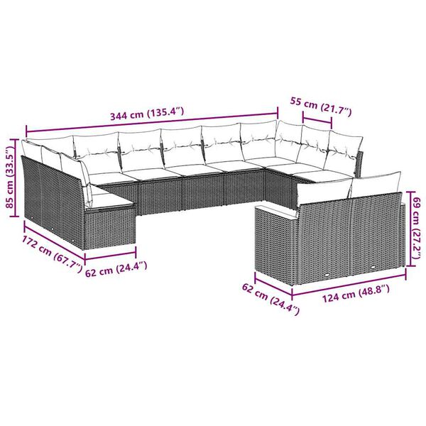 vidaXL 12-delige Loungeset met kussens poly rattan zwart