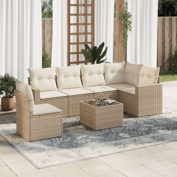 vidaXL 7-delige Loungeset met kussens poly rattan beige