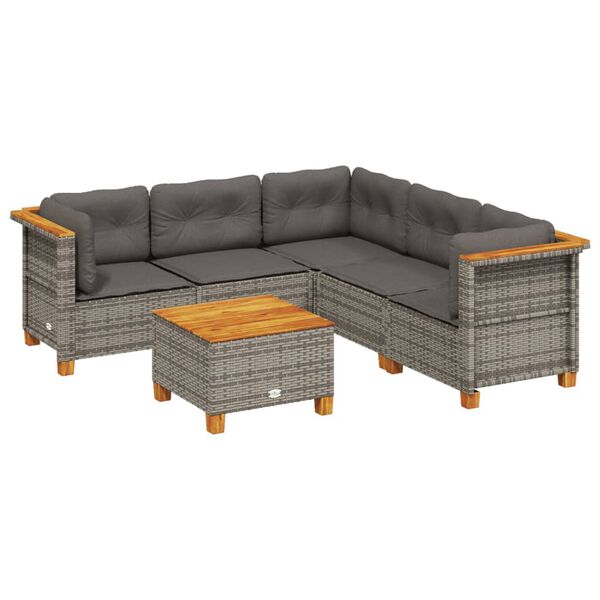 vidaXL 6-delige Loungeset met kussens poly rattan grijs