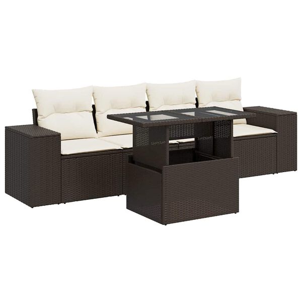 vidaXL 5-delige Loungeset met kussens poly rattan bruin