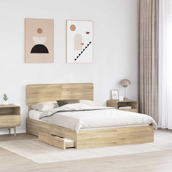 vidaXL Opslag bed met lade Sonoma Eiken 140 x 190 cm Bewerkt hout