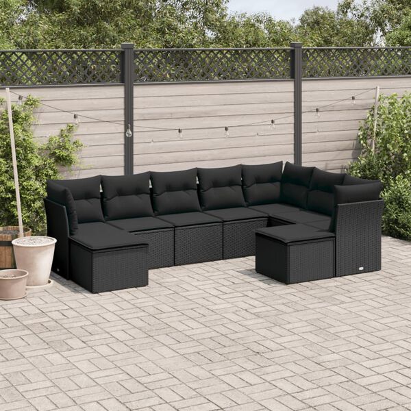 vidaXL 9-delige Loungeset met kussens poly rattan zwart