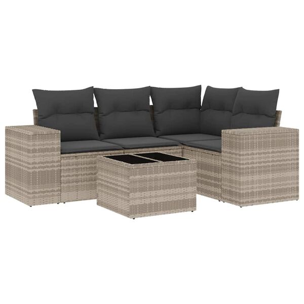 vidaXL 5-delige Loungeset met kussens poly rattan lichtgrijs
