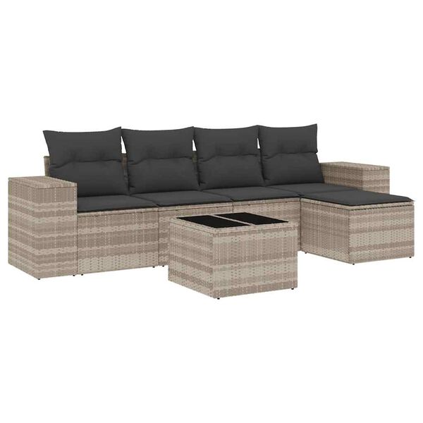 vidaXL 6-delige Loungeset met kussens poly rattan lichtgrijs