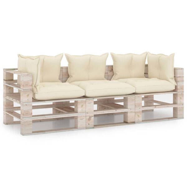 vidaXL Tuinbank pallet 3-zits met kussens grenenhout