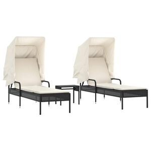 vidaXL Ligbedden 2 st met luifels en tafel poly rattan zwart