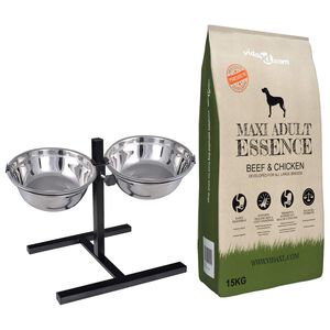 vidaXL Voerstand en kom met hondenvoer Zilver en Zwart 50 x 29 cm