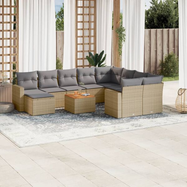 vidaXL 11-delige Tuinset met kussens poly rattan beige