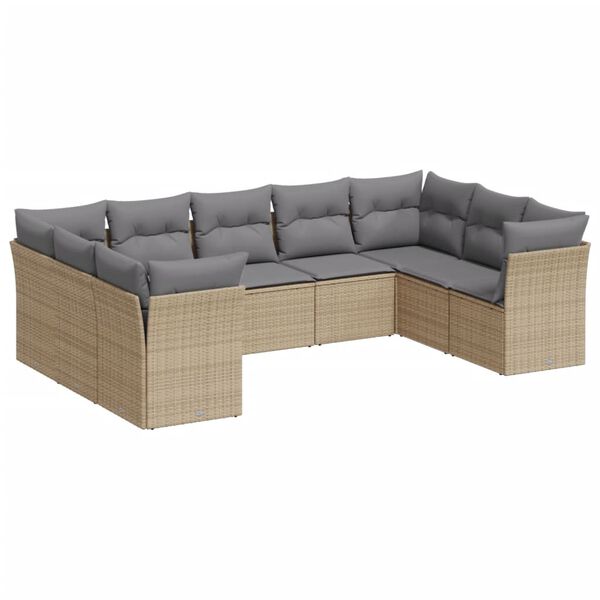 vidaXL 9-delige Loungeset met kussens poly rattan beige
