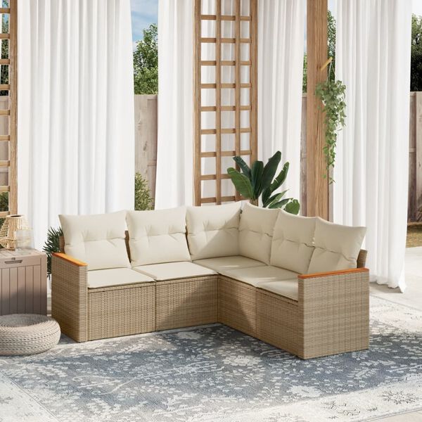 vidaXL 5-delige Loungeset met kussens poly rattan beige