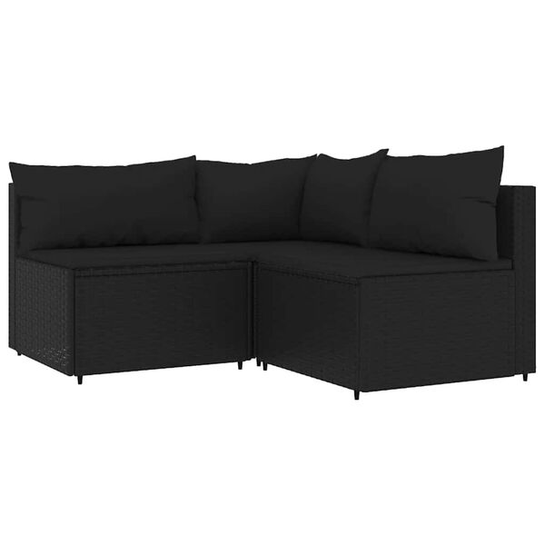 vidaXL 3-delige Loungeset met kussens poly rattan zwart
