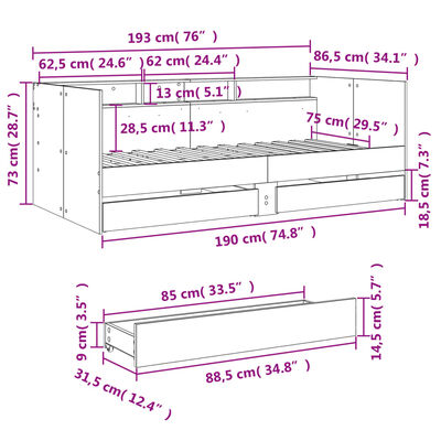 vidaXL Slaapbank met lades zonder matras 75x190 cm bruin eikenkleurig