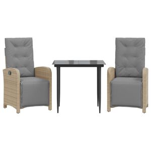 vidaXL 3-delige Bistroset met kussens poly rattan lichtgrijs