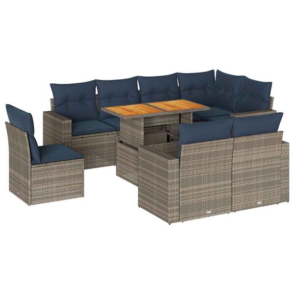 vidaXL 9-delige Loungeset met kussens poly rattan grijs