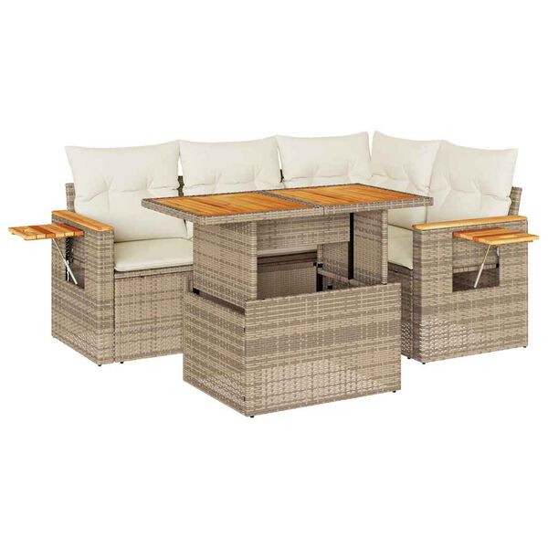 vidaXL 5-delige Loungeset met kussens poly rattan en acaciahout beige