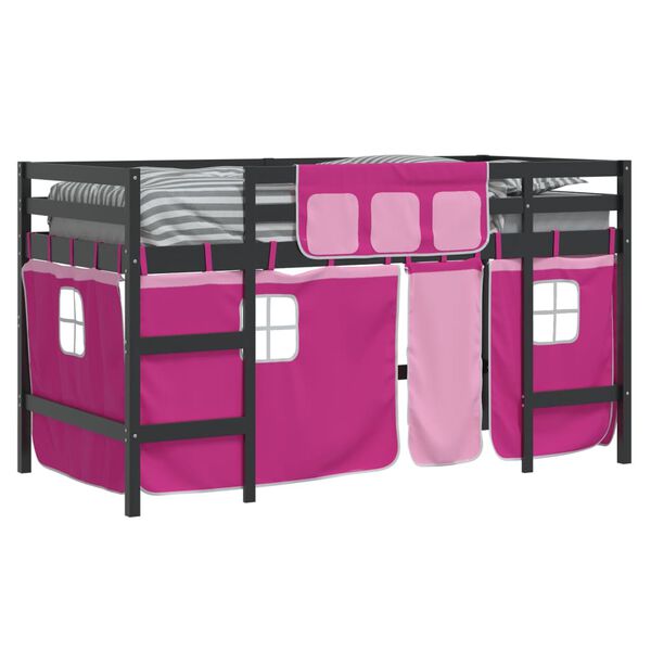 vidaXL Kinderhoogslaper met gordijnen 90x190 cm grenenhout roze